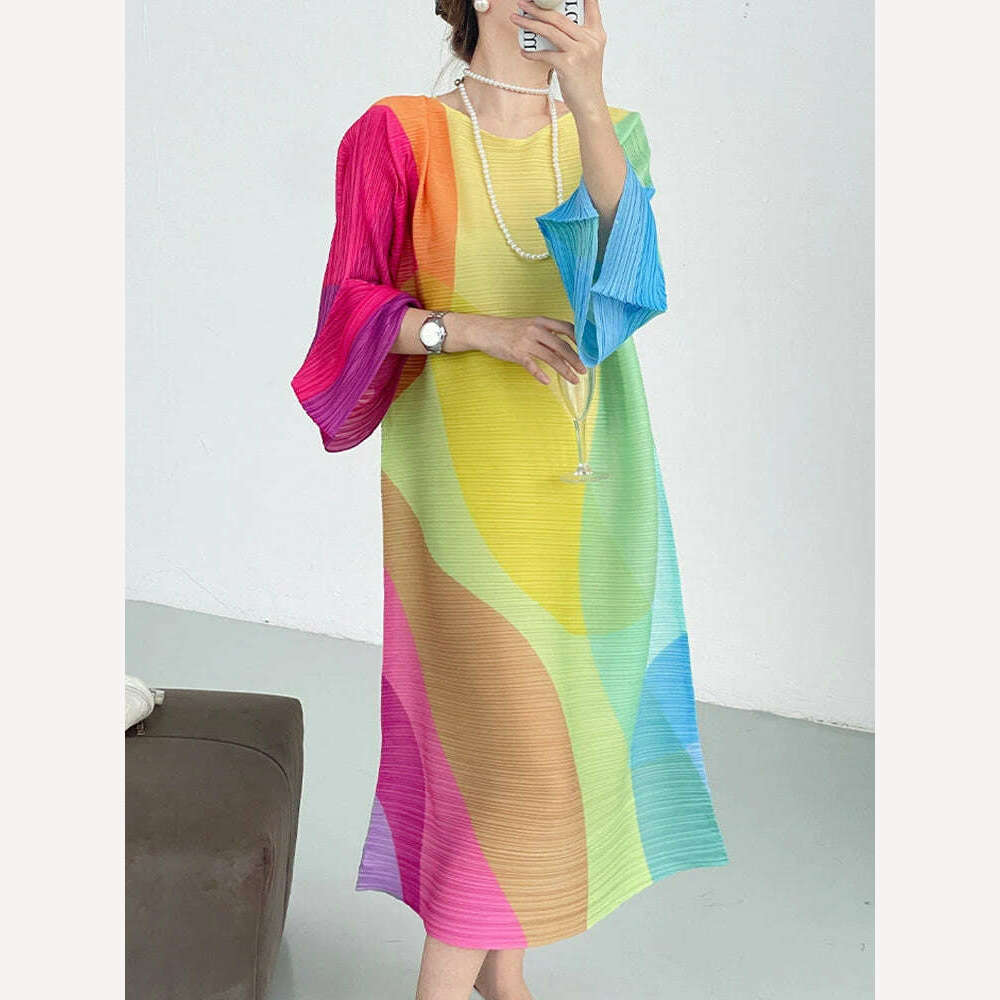 DEAT Pleated Color Block Dress Full Lantern Sleeve Round Collar A Line Loose Evening Party Clothing Elegant New 2023 15KB4476 - KIMLUD