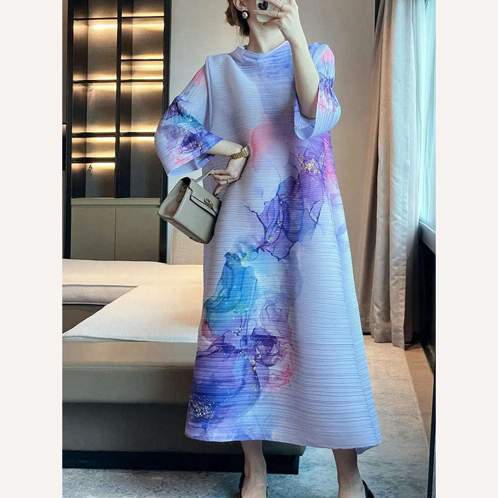 DEAT Pleated Women Dress Print Full Sleeve Elegant Evening Party Round Collar Loose Medium Long Autumn New 2023 Fashion 15KB4632 - KIMLUD