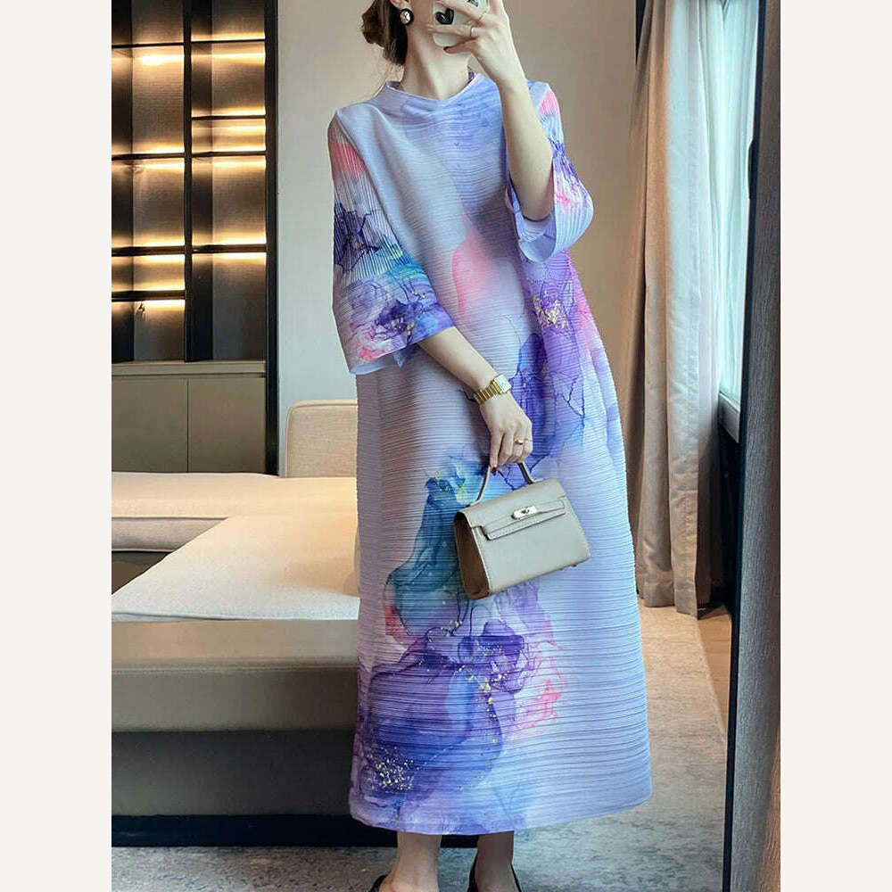 DEAT Pleated Women Dress Print Full Sleeve Elegant Evening Party Round Collar Loose Medium Long Autumn New 2023 Fashion 15KB4632 - KIMLUD
