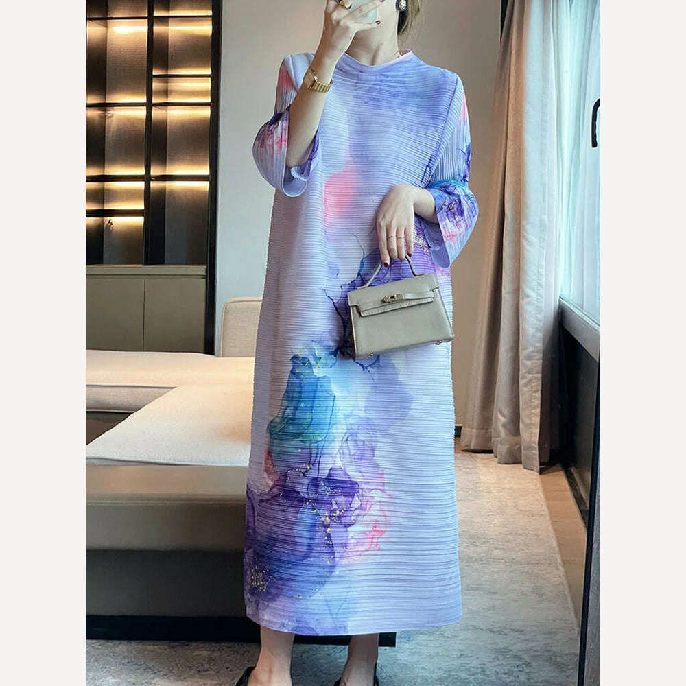 DEAT Pleated Women Dress Print Full Sleeve Elegant Evening Party Round Collar Loose Medium Long Autumn New 2023 Fashion 15KB4632 - KIMLUD