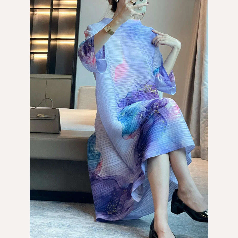 DEAT Pleated Women Dress Print Full Sleeve Elegant Evening Party Round Collar Loose Medium Long Autumn New 2023 Fashion 15KB4632 - KIMLUD