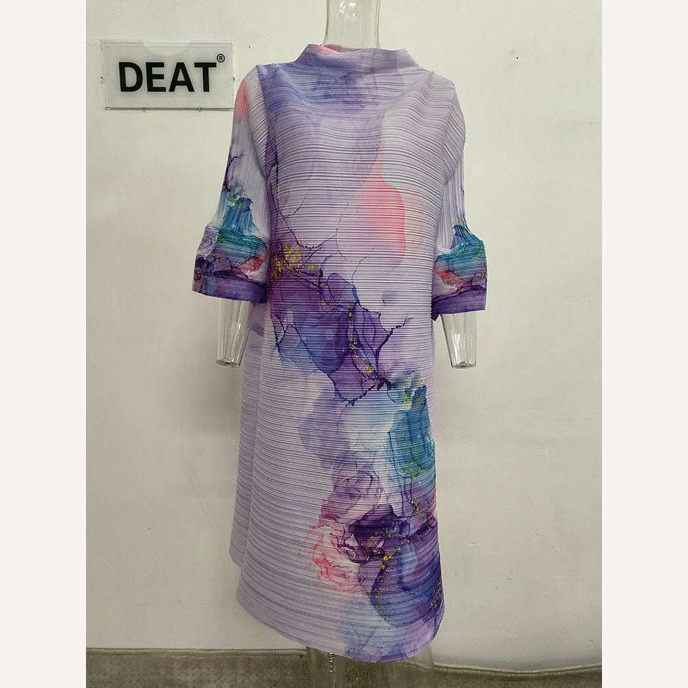 DEAT Pleated Women Dress Print Full Sleeve Elegant Evening Party Round Collar Loose Medium Long Autumn New 2023 Fashion 15KB4632 - KIMLUD