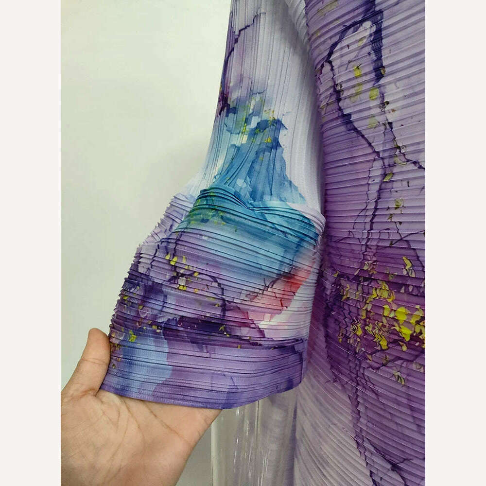 DEAT Pleated Women Dress Print Full Sleeve Elegant Evening Party Round Collar Loose Medium Long Autumn New 2023 Fashion 15KB4632 - KIMLUD