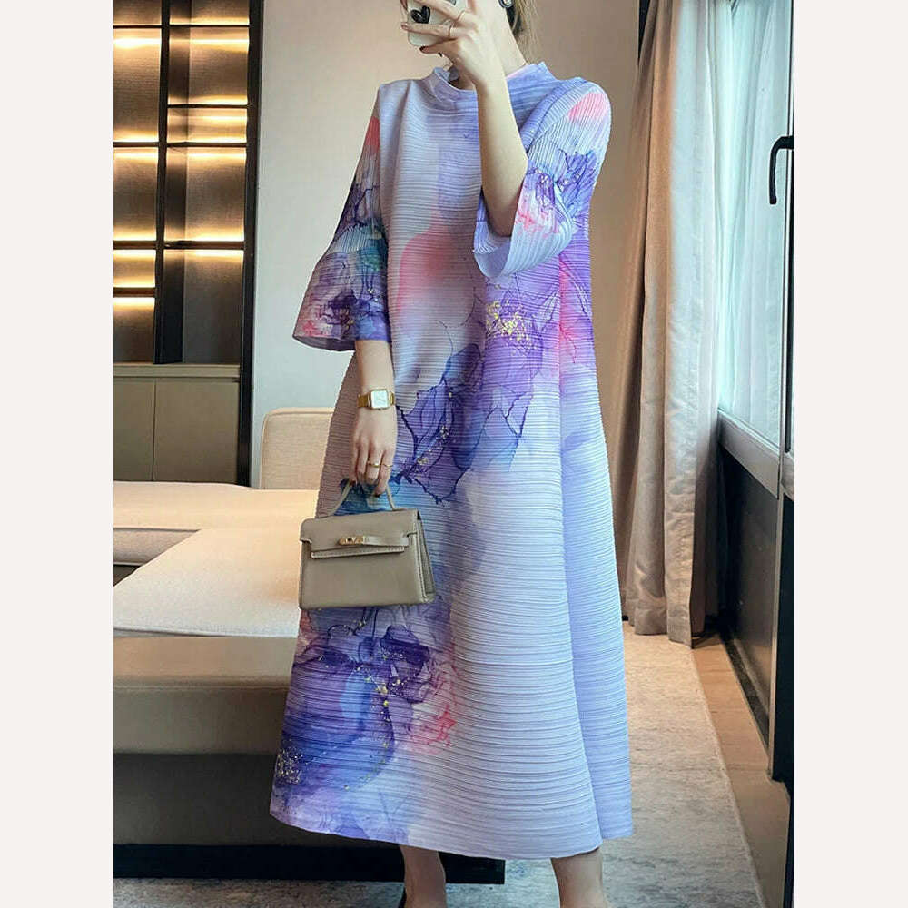 DEAT Pleated Women Dress Print Full Sleeve Elegant Evening Party Round Collar Loose Medium Long Autumn New 2023 Fashion 15KB4632 - KIMLUD