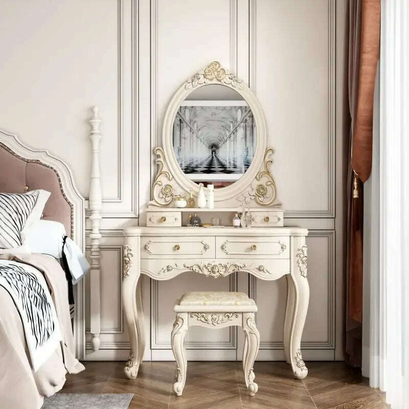 KIMLUD, European Dressers Vanity Table Set with Mirror White Makeup Desk with Drawers & Stool - Small Wood Dressing Table for Bedroom, a 80cm, KIMLUD APPAREL - Womens Clothes