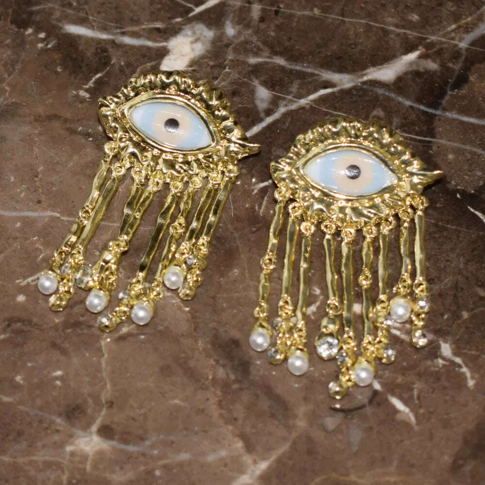 KIMLUD, Exaggerated Resin Eyes With Alloy Tassel Dangle Earrings For Women Fashion Jewelry Baroque Style New Lady Ears' Accessories, gold, KIMLUD Womens Clothes