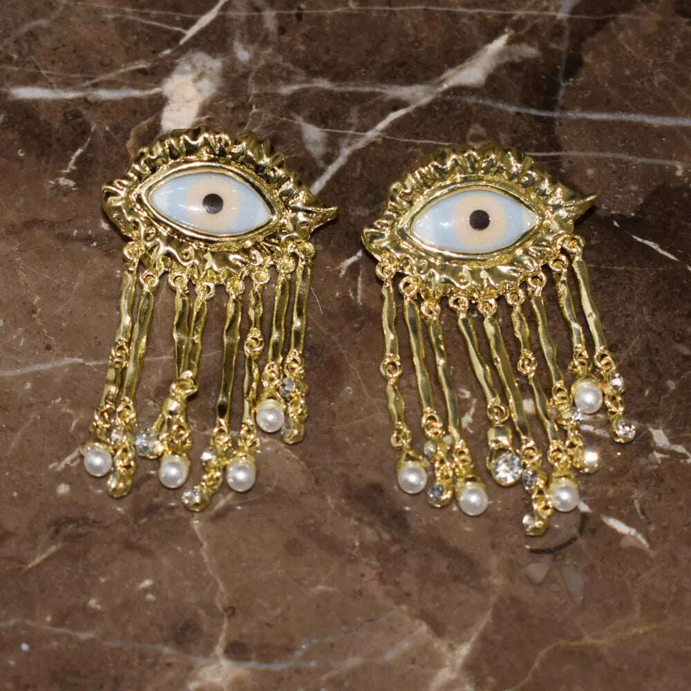 KIMLUD, Exaggerated Resin Eyes With Alloy Tassel Dangle Earrings For Women Fashion Jewelry Baroque Style New Lady Ears' Accessories, KIMLUD Womens Clothes