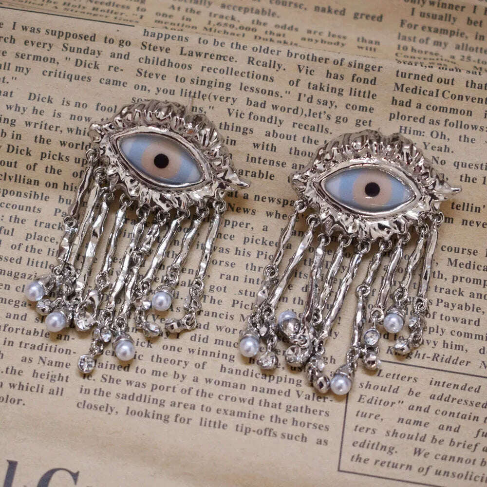 KIMLUD, Exaggerated Resin Eyes With Alloy Tassel Dangle Earrings For Women Fashion Jewelry Baroque Style New Lady Ears' Accessories, silver, KIMLUD Womens Clothes