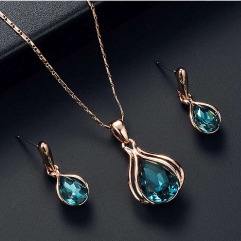 KIMLUD, Fashion European and American Blue Zhihai Creative Geometric Wedding Earrings Necklace Set Women's Blue Green Water Drop Set, KIMLUD Womens Clothes