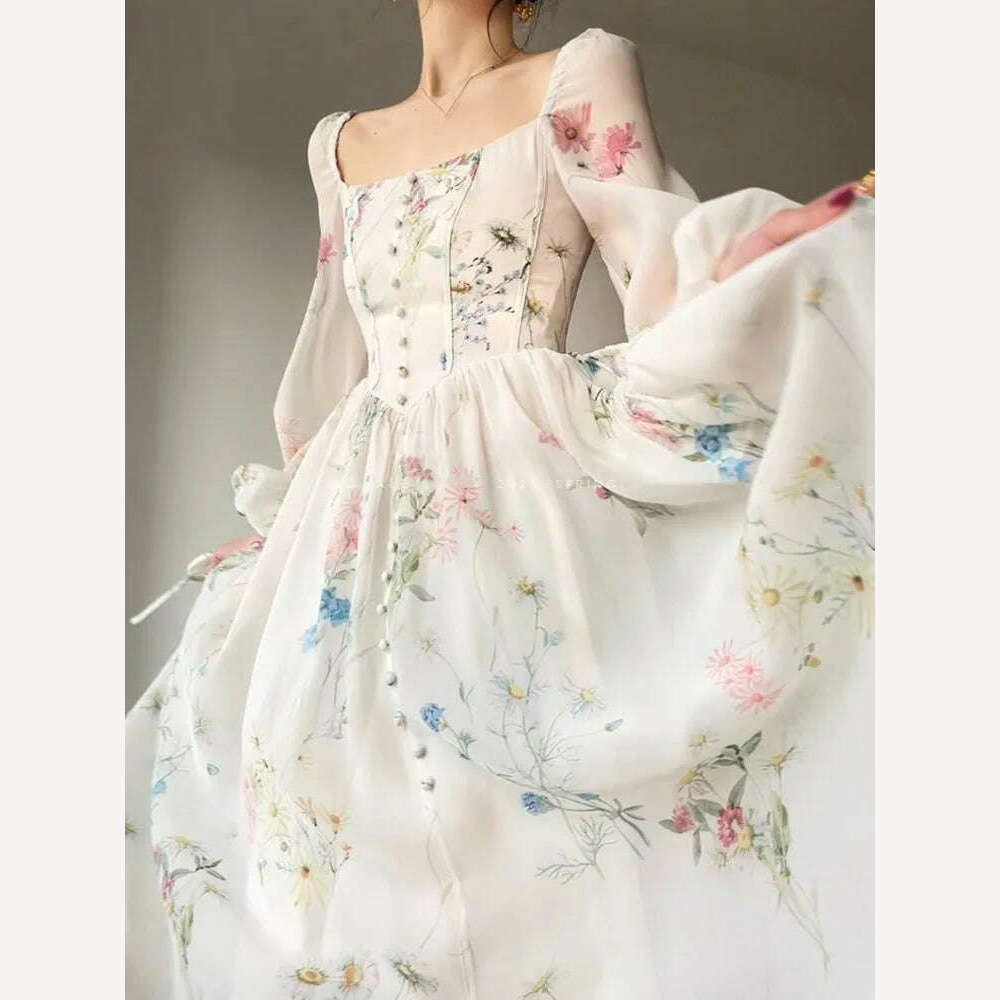 French Vinatge Floral Long Dresses for Women Evening Party A-line Beach Dress Lantern Sleeve Spring Summer Prom Robe Vestidos - KIMLUD