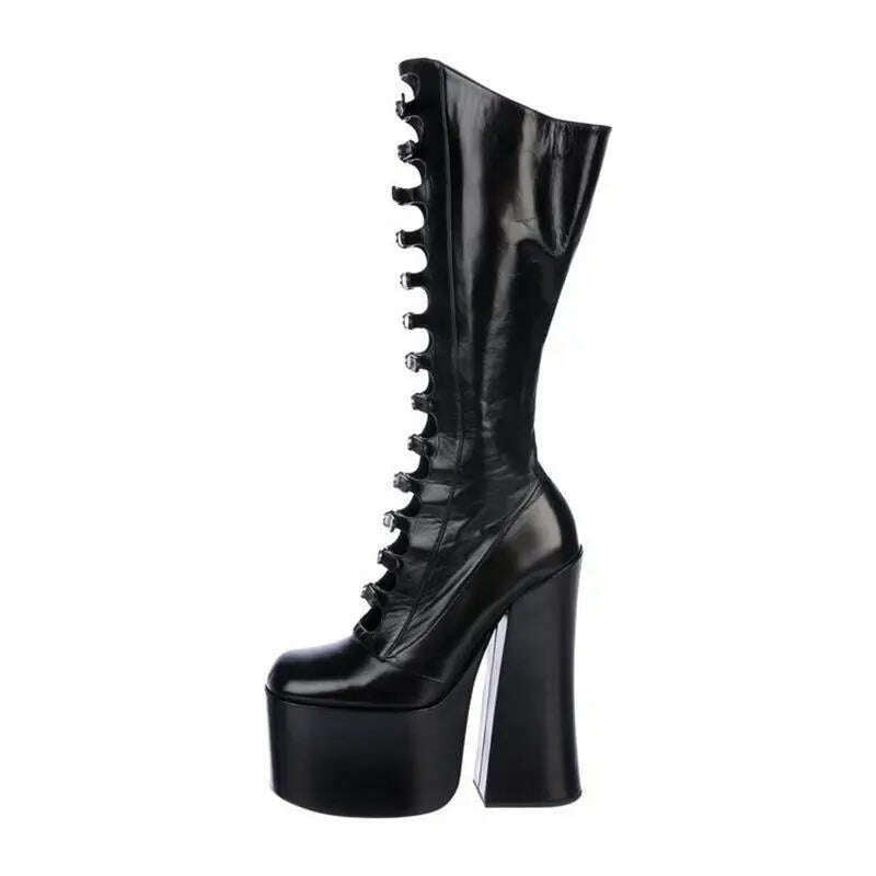 KIMLUD, Gladiator High Heeled Hollow Women Knee High Long Boots Round Toe Square High Heel Fashion Roman Lady Tall Boots Party Footware, KIMLUD Womens Clothes
