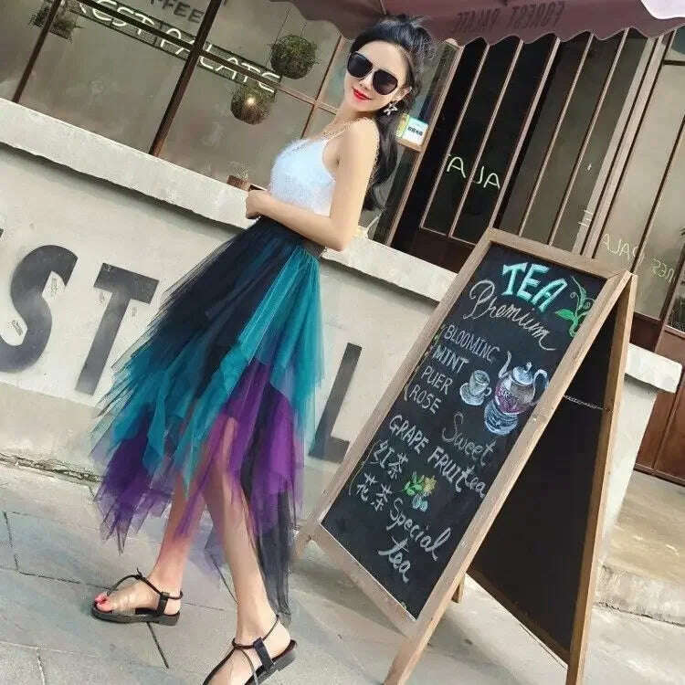 Gradient Color Irregular Tulle Skirt Spring and Summer High Waist Bubble Skirt Long Woman Skirts Mujer Faldas Saias Mulher - KIMLUD