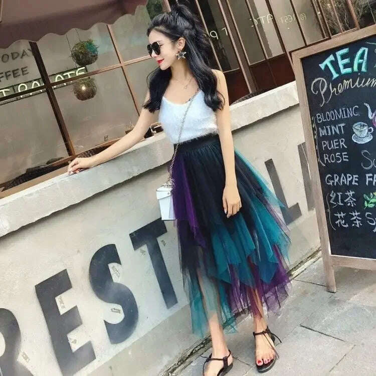 KIMLUD, Gradient Color Irregular Tulle Skirt Spring and Summer High Waist Bubble Skirt Long Woman Skirts Mujer Faldas Saias Mulher, KIMLUD Womens Clothes