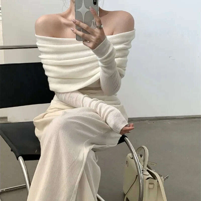HELIAR Women Slash Neck Sweater Long Sleeve Knitwear Solid Off Shoulder Autumn Thin Pullovers Office Lady Elegant Tops - KIMLUD