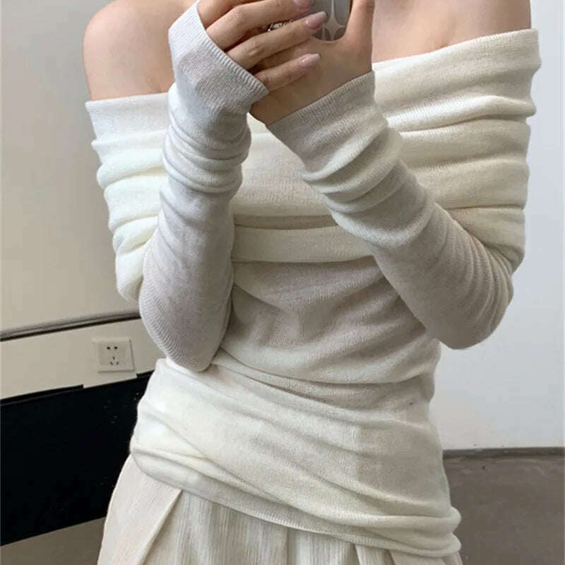 HELIAR Women Slash Neck Sweater Long Sleeve Knitwear Solid Off Shoulder Autumn Thin Pullovers Office Lady Elegant Tops - KIMLUD