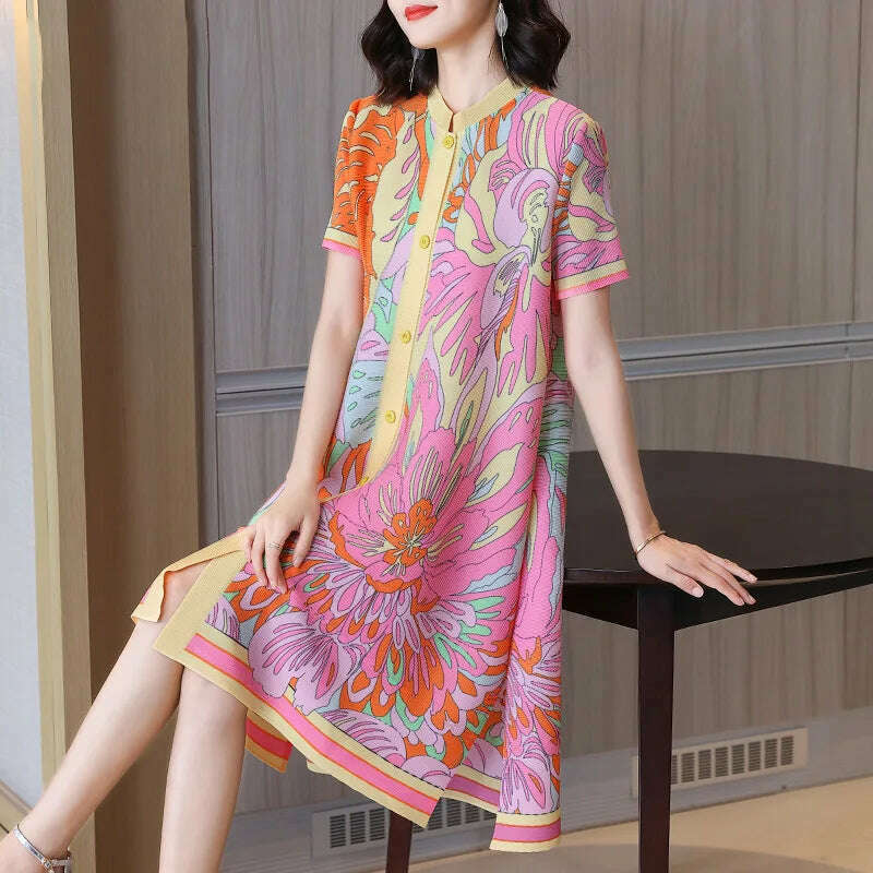 KIMLUD, High End Spring Fashion Printed Short Sleeved Dress 2024 New Foreign Style Loose Medium Blouse Dress, Mixed Color / One Size, KIMLUD APPAREL - Womens Clothes