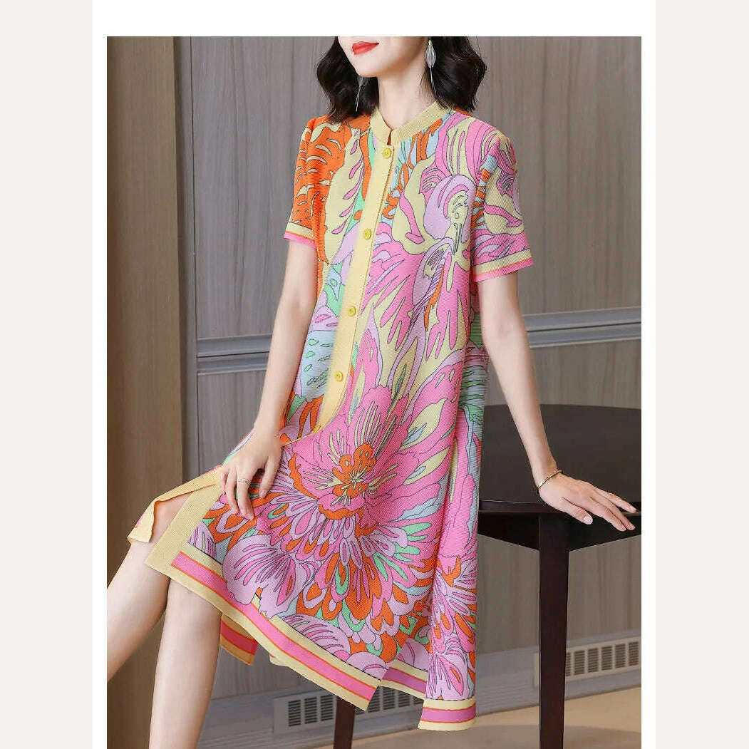KIMLUD, High End Spring Fashion Printed Short Sleeved Dress 2024 New Foreign Style Loose Medium Blouse Dress, KIMLUD Womens Clothes