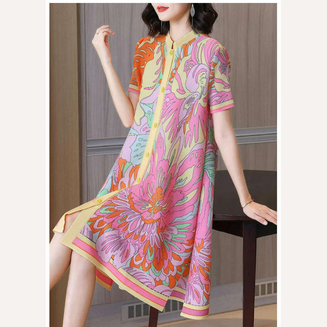 KIMLUD, High End Spring Fashion Printed Short Sleeved Dress 2024 New Foreign Style Loose Medium Blouse Dress, KIMLUD Womens Clothes