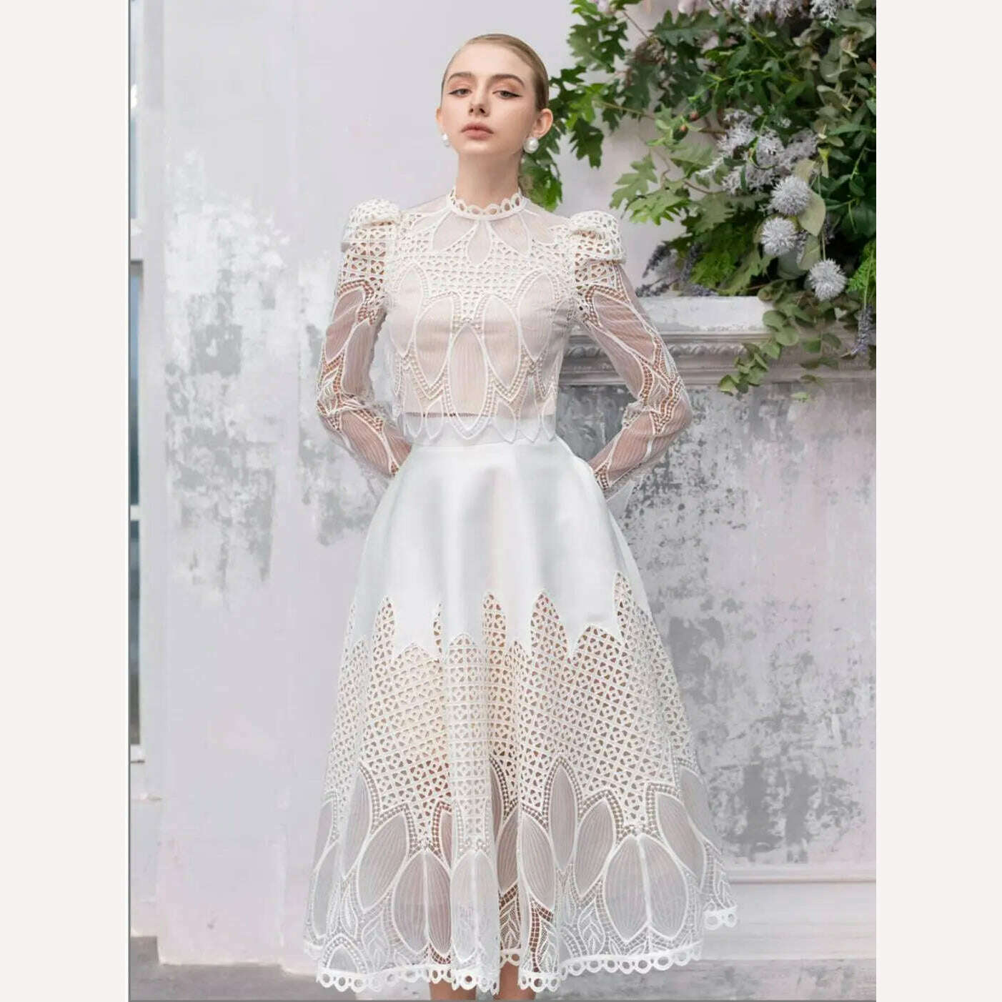 KIMLUD, High Quality Fashion Vintage Design Puff Sleeve Women Summer New Lace Embroidery Patchwork Vestido Midi Party Dress, KIMLUD Women's Clothes