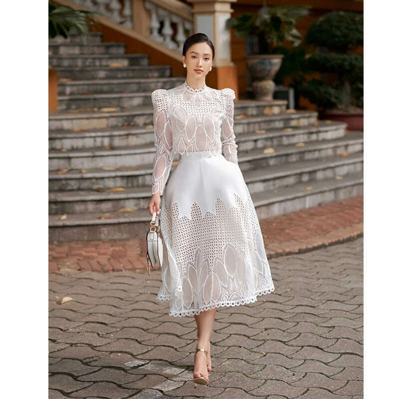 KIMLUD, High Quality Fashion Vintage Design Puff Sleeve Women Summer New Lace Embroidery Patchwork Vestido Midi Party Dress, KIMLUD Womens Clothes
