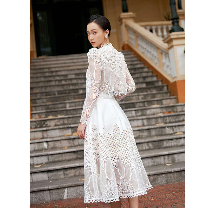 KIMLUD, High Quality Fashion Vintage Design Puff Sleeve Women Summer New Lace Embroidery Patchwork Vestido Midi Party Dress, KIMLUD Womens Clothes