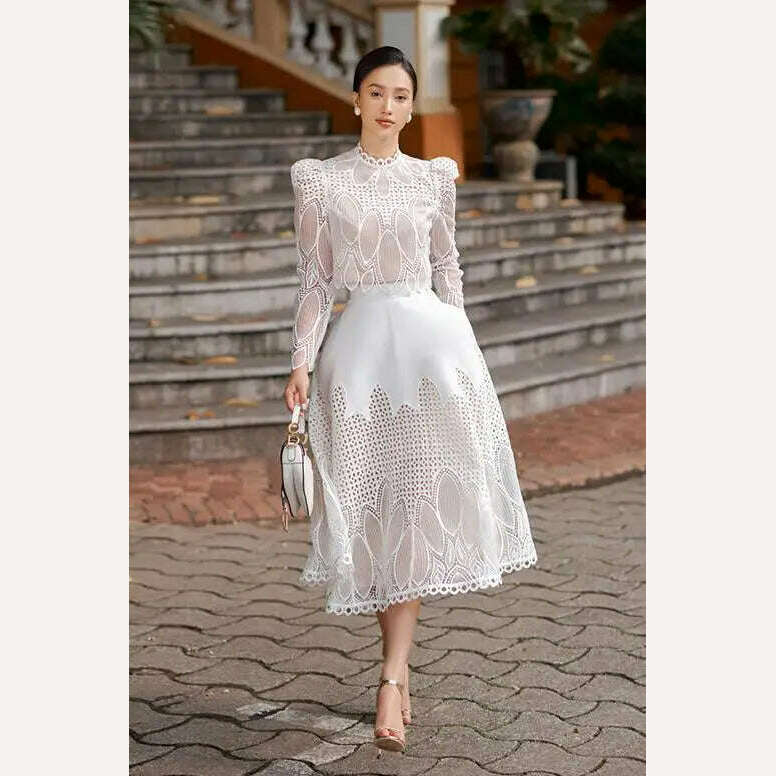 KIMLUD, High Quality Fashion Vintage Design Puff Sleeve Women Summer New Lace Embroidery Patchwork Vestido Midi Party Dress, KIMLUD Womens Clothes