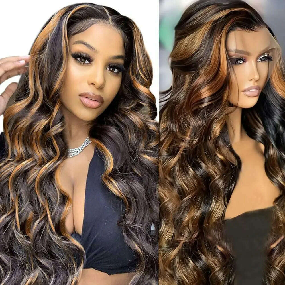 KIMLUD, Highlight Ombre Lace Front Wig Human Hair 13X4 HD Body Wave Lace Frontal Wig 1B/30 Pre Plucked 180% density Glueless Wig, KIMLUD Womens Clothes