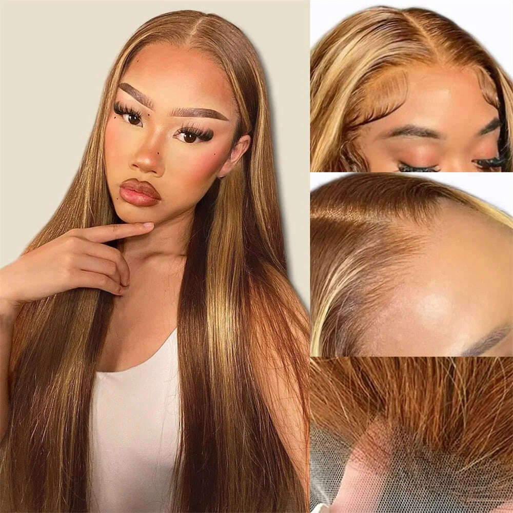 KIMLUD, Highlight Ombre Lace Front Wig Human Hair Pre Plucked Straight With Baby Hair 13X4 HD 4/27 Colored Wigs For Woman 180% Density, KIMLUD Women's Clothes