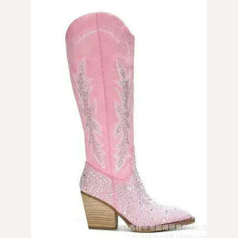 KIMLUD, Hot Drill Black Blue Pink Bling Crystal Rhinestone Suede Patchwork Pointed Toe Tube Slip On Knee High Boots Square Heels Boots, Pink / 35, KIMLUD APPAREL - Womens Clothes