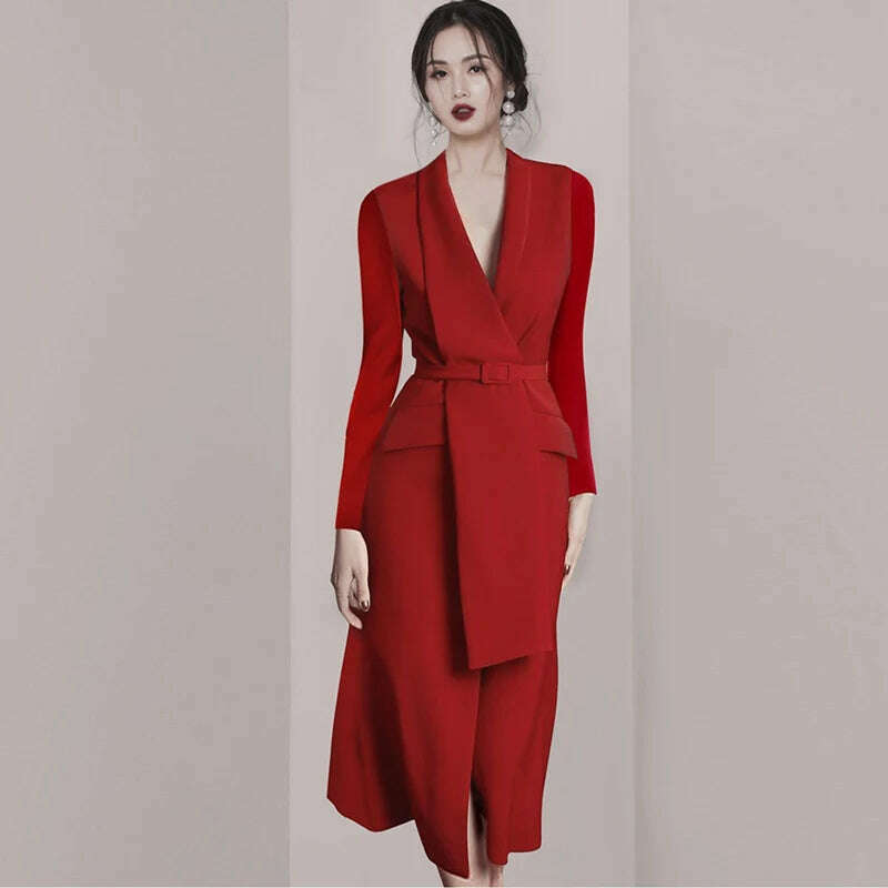 KIMLUD, JSXDHK Spring Autumn 2023 New Party Bodycon Dress Runway Women Notched Collar Long Sleeve Red Midi Dress Office OL Belt Vestidos, KIMLUD Women's Clothes