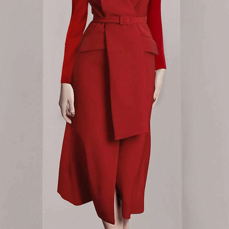 KIMLUD, JSXDHK Spring Autumn 2023 New Party Bodycon Dress Runway Women Notched Collar Long Sleeve Red Midi Dress Office OL Belt Vestidos, KIMLUD Womens Clothes