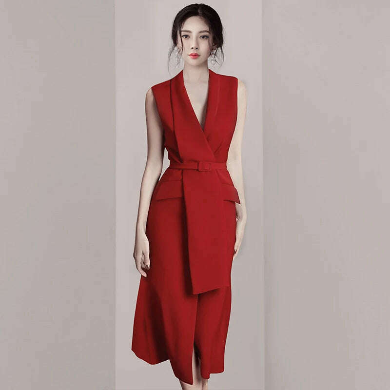 KIMLUD, JSXDHK Spring Autumn 2023 New Party Bodycon Dress Runway Women Notched Collar Long Sleeve Red Midi Dress Office OL Belt Vestidos, Claret / M, KIMLUD APPAREL - Womens Clothes