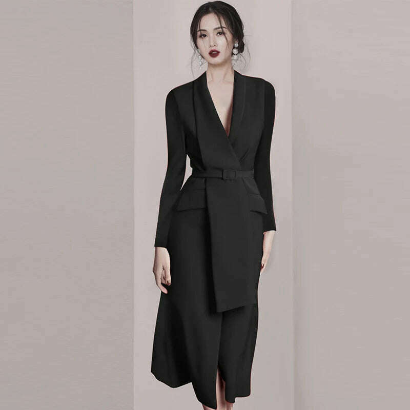 KIMLUD, JSXDHK Spring Autumn 2023 New Party Bodycon Dress Runway Women Notched Collar Long Sleeve Red Midi Dress Office OL Belt Vestidos, black / S, KIMLUD Womens Clothes