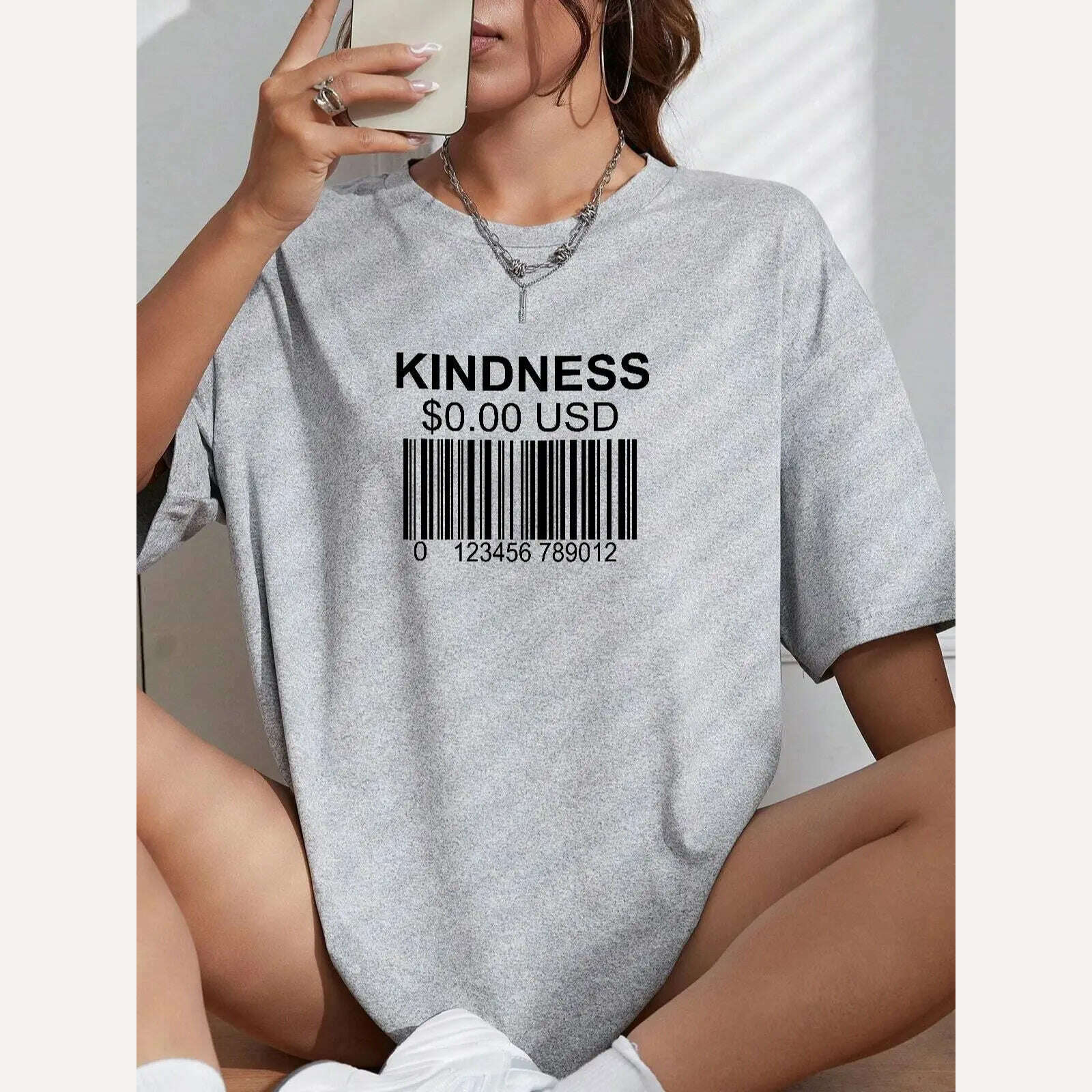 KIMLUD, Kindness Creative Bar Code Creativity Womens Short Sleeve Funny Casual Oversize Tops All-math Trend T-Shirts Woman Tee Clothing, GRAY / M, KIMLUD APPAREL - Womens Clothes