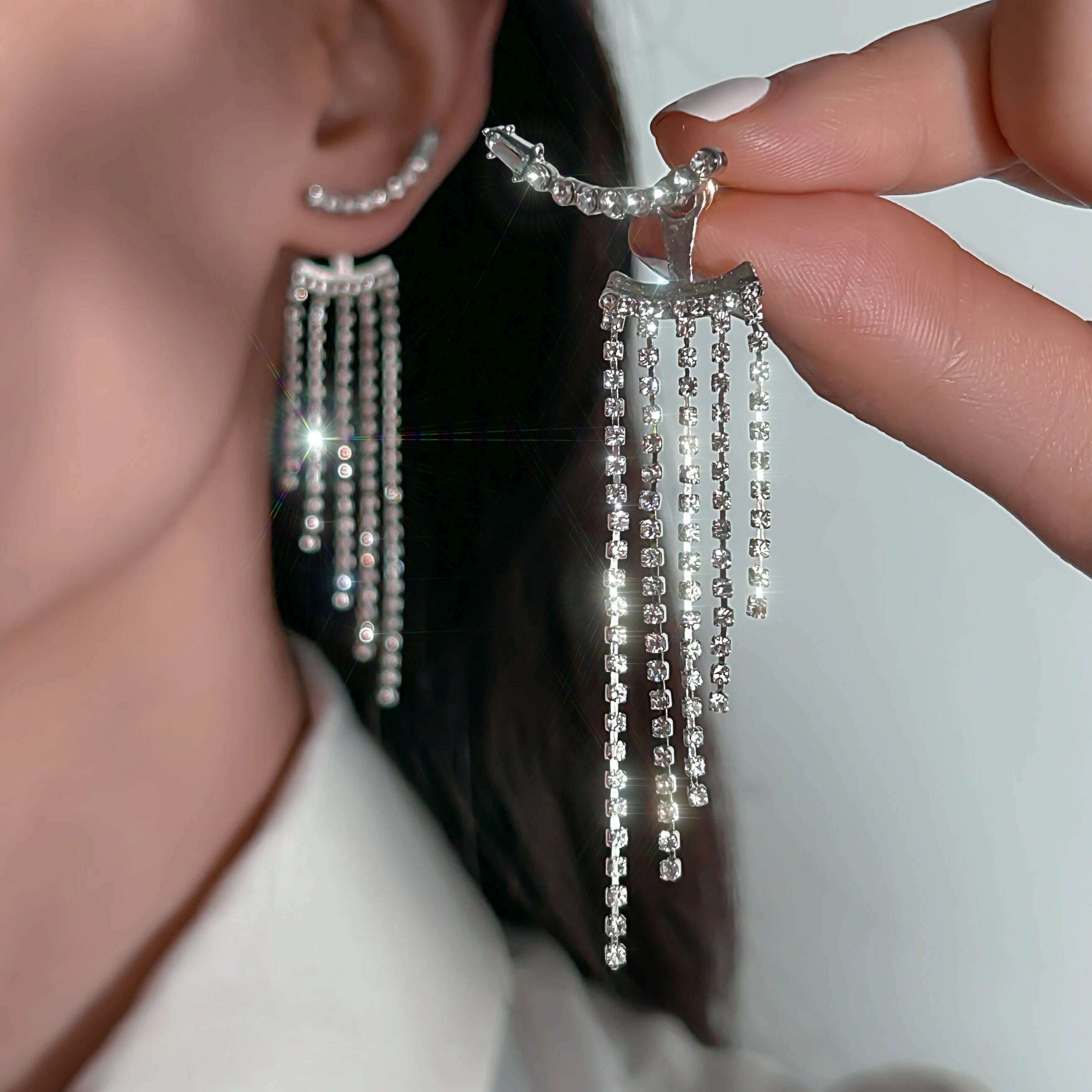 KIMLUD, Korean Full Rhinestone Long Tassel Drop Earrings for Women Exquisite Luxury Zircon Crystal Earrings female Jewelry Wholesale, Silver Color, KIMLUD Womens Clothes