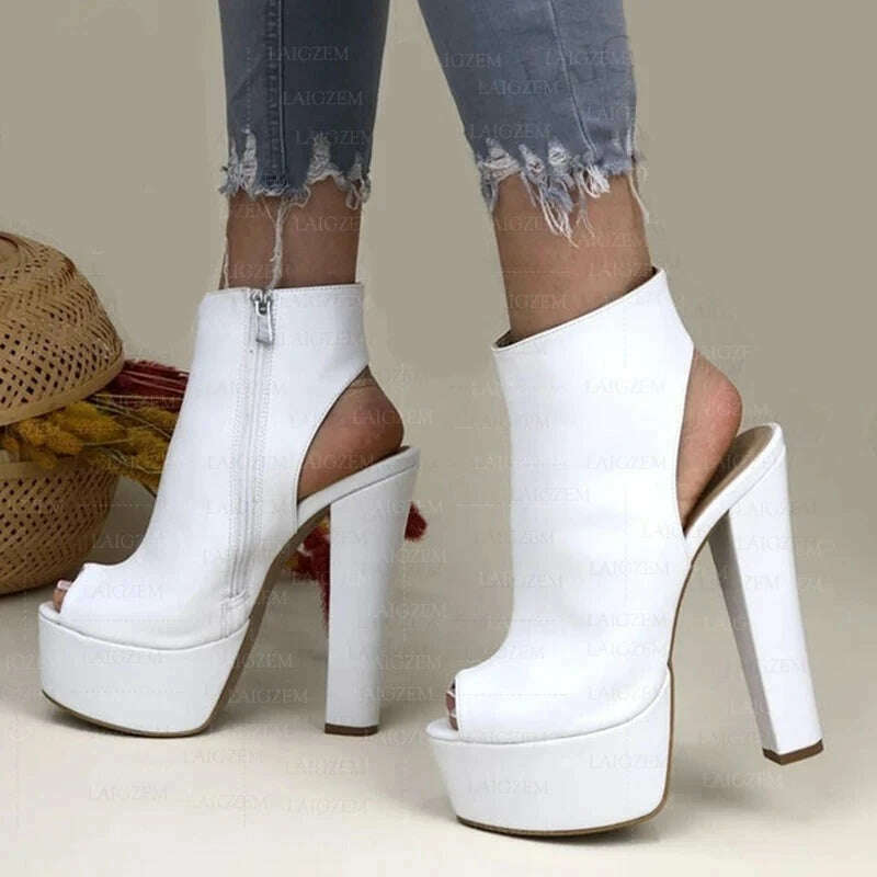 KIMLUD, LAIGZEM Women Pumps Peep Toe Platform Faux Leather Thick High Heels Sandals Side Zip Up Ladies Shoes Woman Plus Size 39 41 45 52, LGZ4219 White / 5, KIMLUD Womens Clothes
