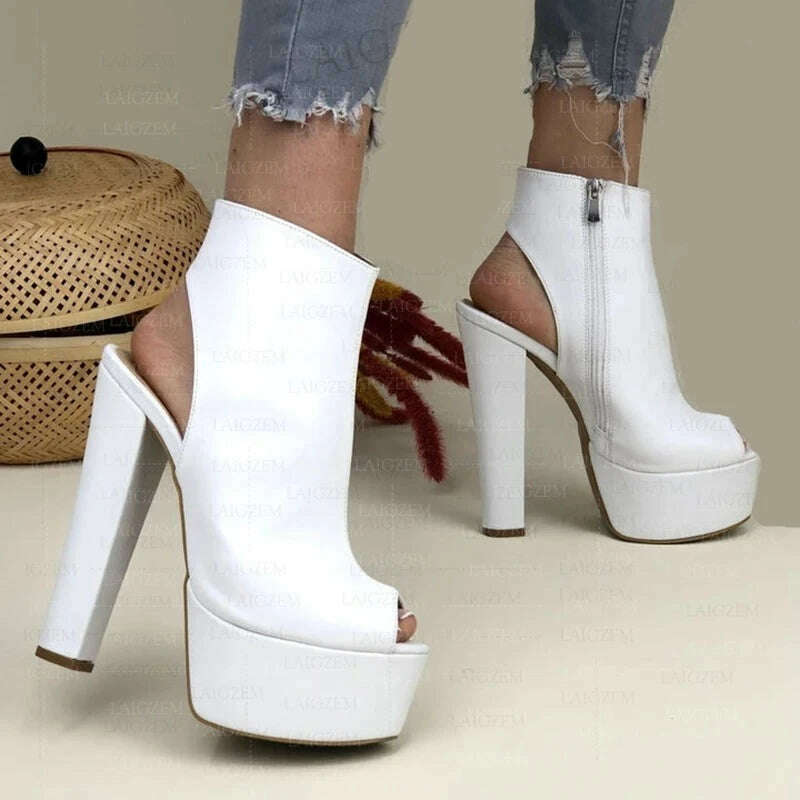 KIMLUD, LAIGZEM Women Pumps Peep Toe Platform Faux Leather Thick High Heels Sandals Side Zip Up Ladies Shoes Woman Plus Size 39 41 45 52, KIMLUD Women's Clothes