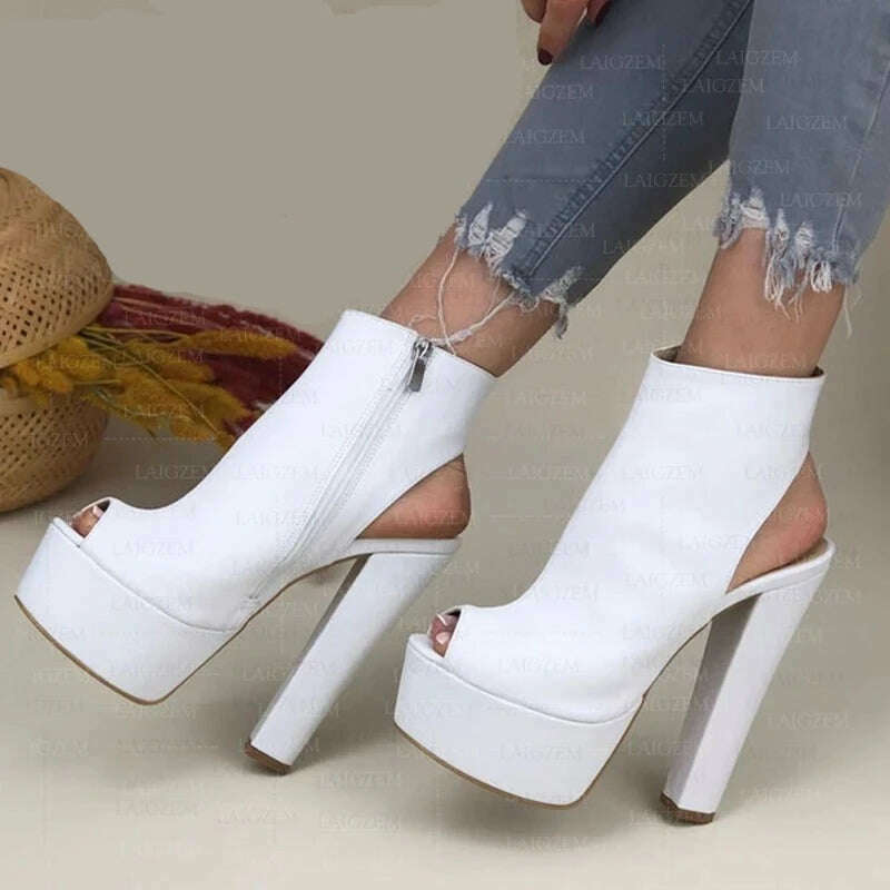 KIMLUD, LAIGZEM Women Pumps Peep Toe Platform Faux Leather Thick High Heels Sandals Side Zip Up Ladies Shoes Woman Plus Size 39 41 45 52, KIMLUD Women's Clothes