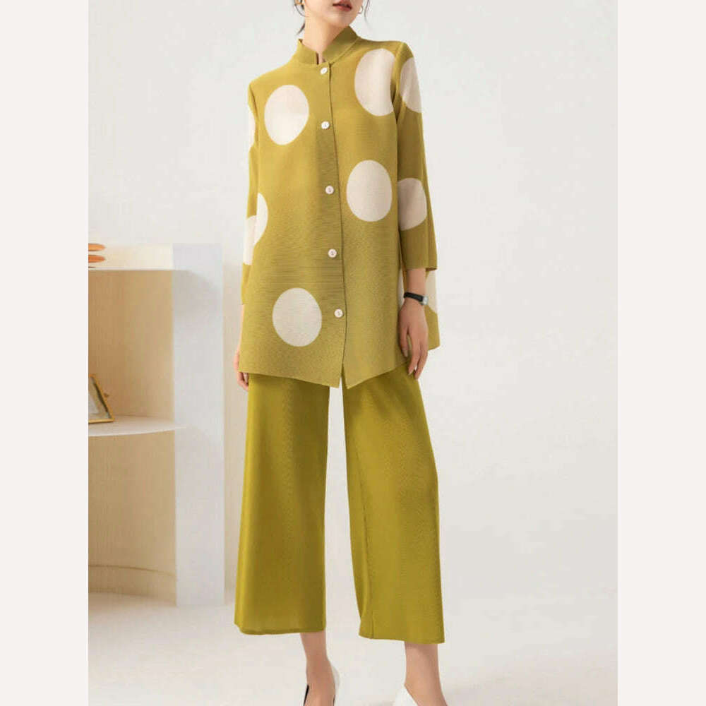 LANMREM 2 Piece Sets Printed Single Breasted Pleated Shirt Top Wide-leg Pants Female Elegant Clothing 2024 Summer Spring 2R4814 - KIMLUD