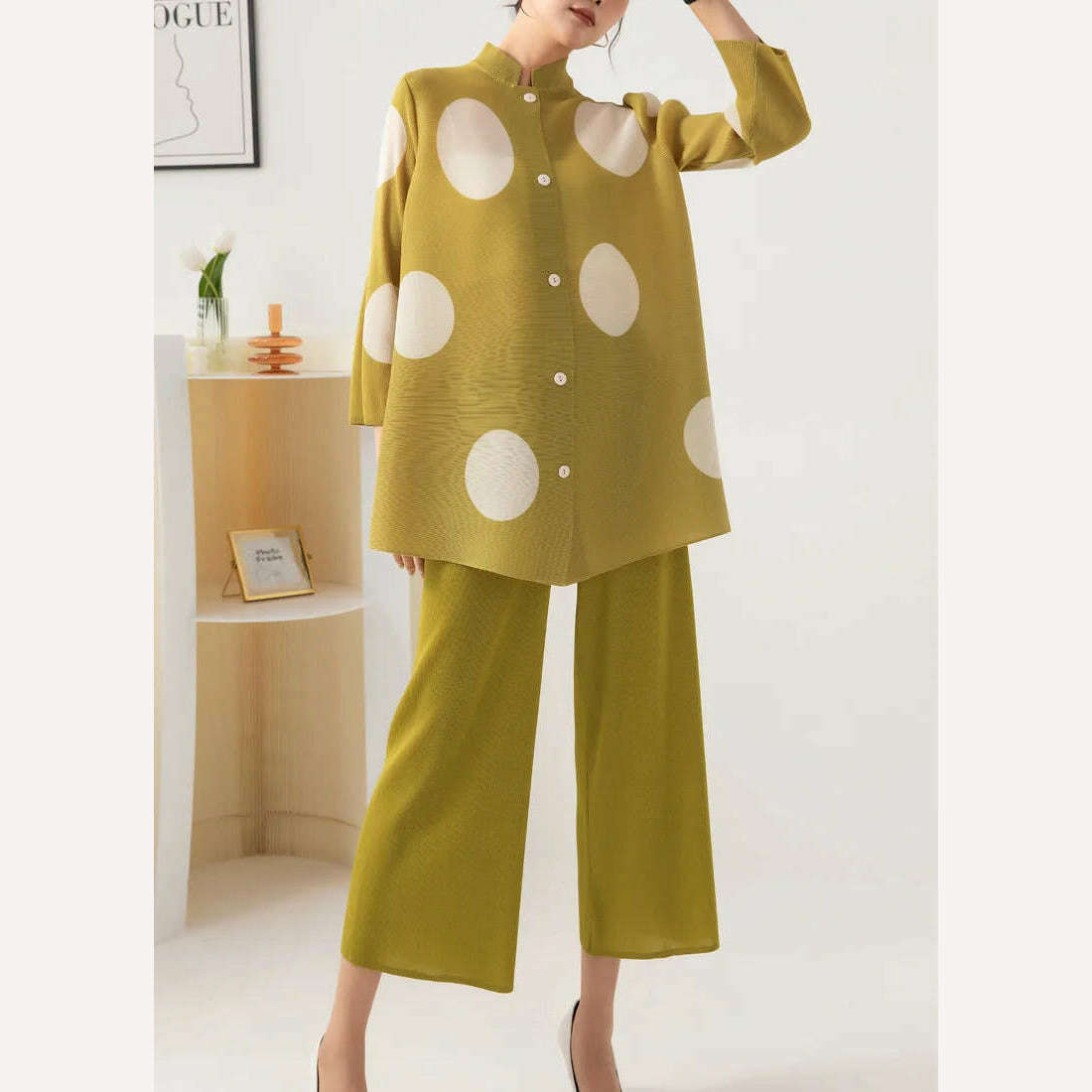 LANMREM 2 Piece Sets Printed Single Breasted Pleated Shirt Top Wide-leg Pants Female Elegant Clothing 2024 Summer Spring 2R4814 - KIMLUD