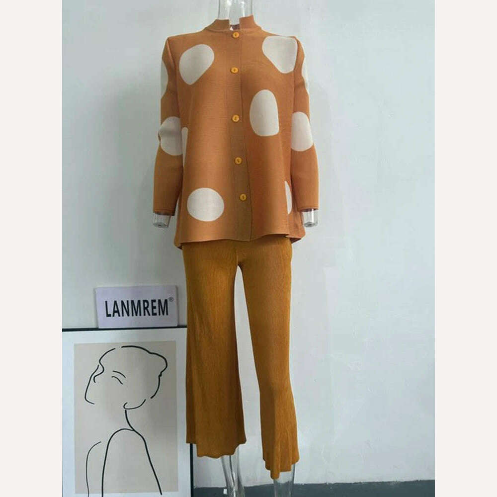 LANMREM 2 Piece Sets Printed Single Breasted Pleated Shirt Top Wide-leg Pants Female Elegant Clothing 2024 Summer Spring 2R4814 - KIMLUD