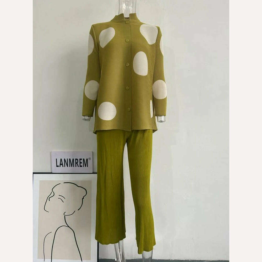 LANMREM 2 Piece Sets Printed Single Breasted Pleated Shirt Top Wide-leg Pants Female Elegant Clothing 2024 Summer Spring 2R4814 - KIMLUD