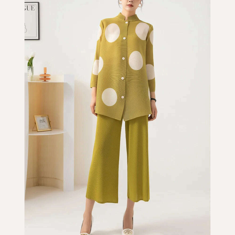 LANMREM 2 Piece Sets Printed Single Breasted Pleated Shirt Top Wide-leg Pants Female Elegant Clothing 2024 Summer Spring 2R4814 - KIMLUD