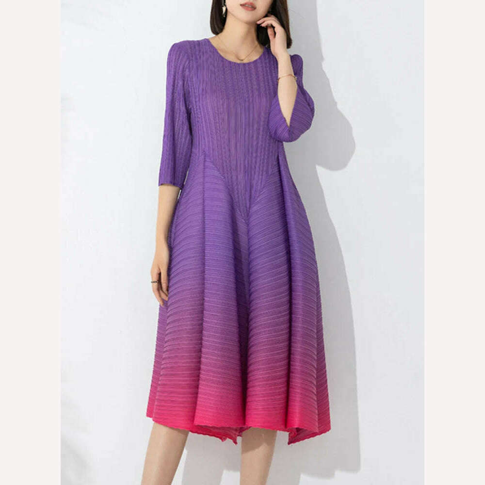KIMLUD, LANMREM Gradient Pleated Dress For Women Round Neck High Waist A-line Elegant Dresses 2023 Autumn New Party Clothing 2AA1159, Purple / One Size, KIMLUD Womens Clothes