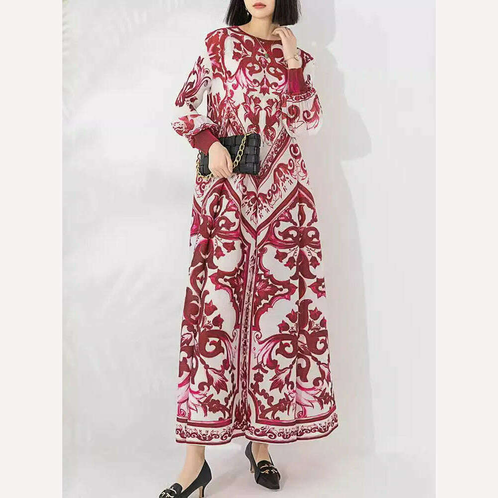 KIMLUD, LANMREM Vintage Print Pleated A-line Dress Women Lantern Sleeves Contrast Color Long Dresses Fashion 2024 Spring New 32C741, KIMLUD Womens Clothes