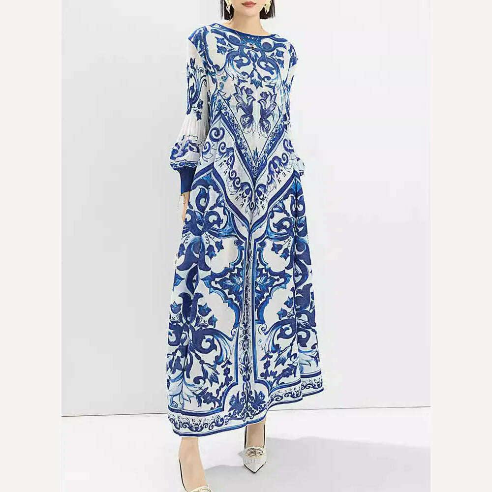 KIMLUD, LANMREM Vintage Print Pleated A-line Dress Women Lantern Sleeves Contrast Color Long Dresses Fashion 2024 Spring New 32C741, KIMLUD Womens Clothes