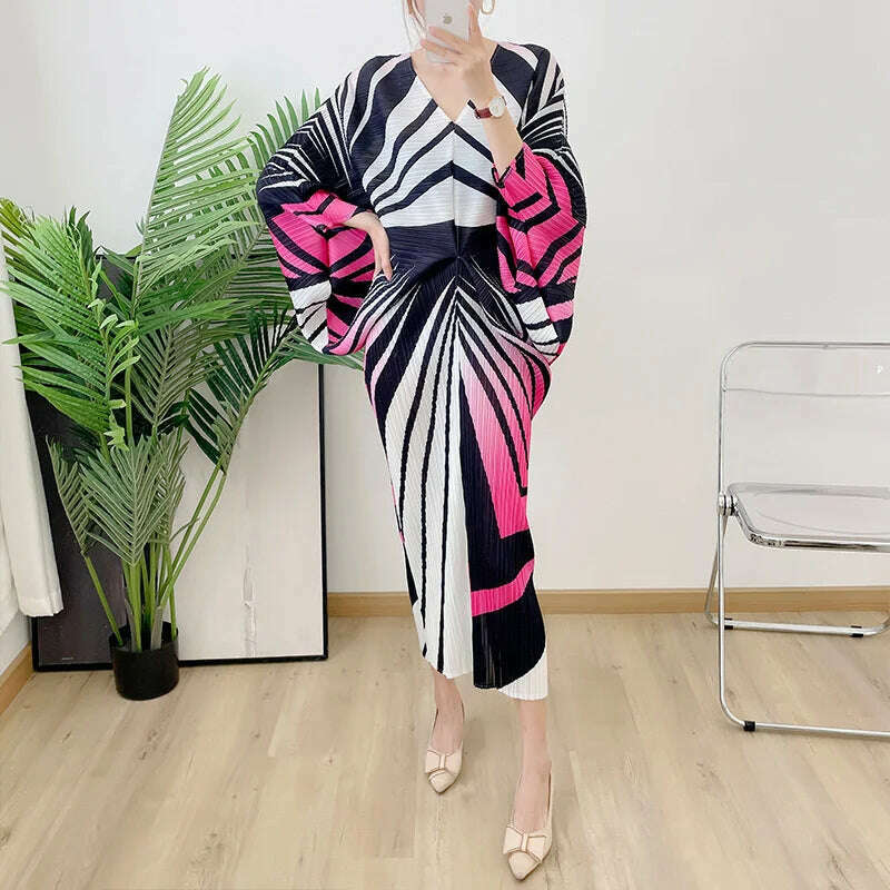 KIMLUD, LANMREM Zebra Stripes Printing Pleated Dress Women Batwing Sleeves V Neck Long Length Female Chic Party Dresses Elegant 2R2950, Rose Pink / One Size, KIMLUD APPAREL - Womens Clothes