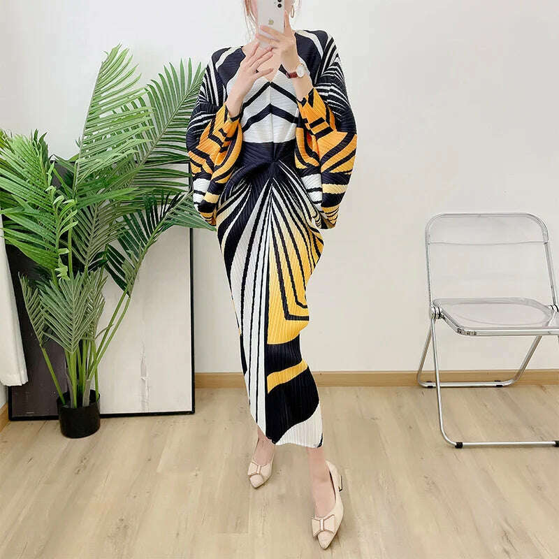 KIMLUD, LANMREM Zebra Stripes Printing Pleated Dress Women Batwing Sleeves V  Neck Long Length Female Chic Party Dresses Elegant 2R2950, Yellow / One Size, KIMLUD Womens Clothes