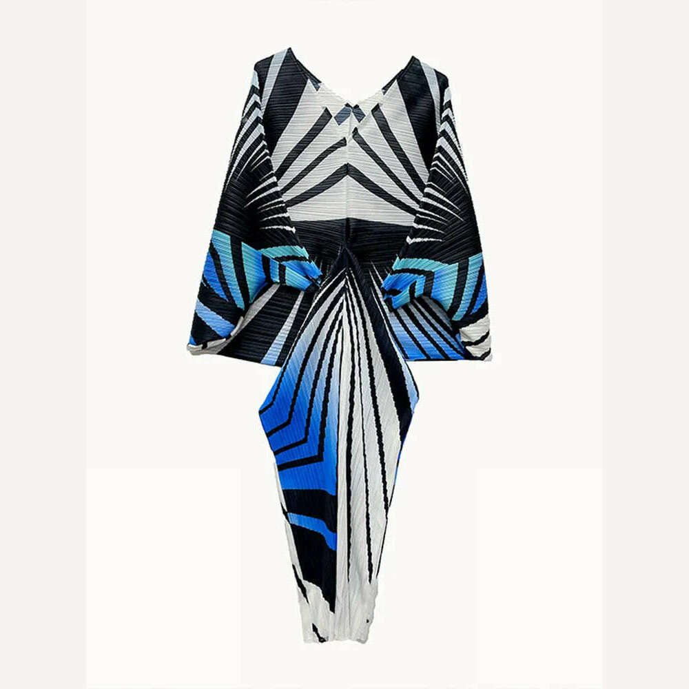 KIMLUD, LANMREM Zebra Stripes Printing Pleated Dress Women Batwing Sleeves V Neck Long Length Female Chic Party Dresses Elegant 2R2950, KIMLUD Womens Clothes
