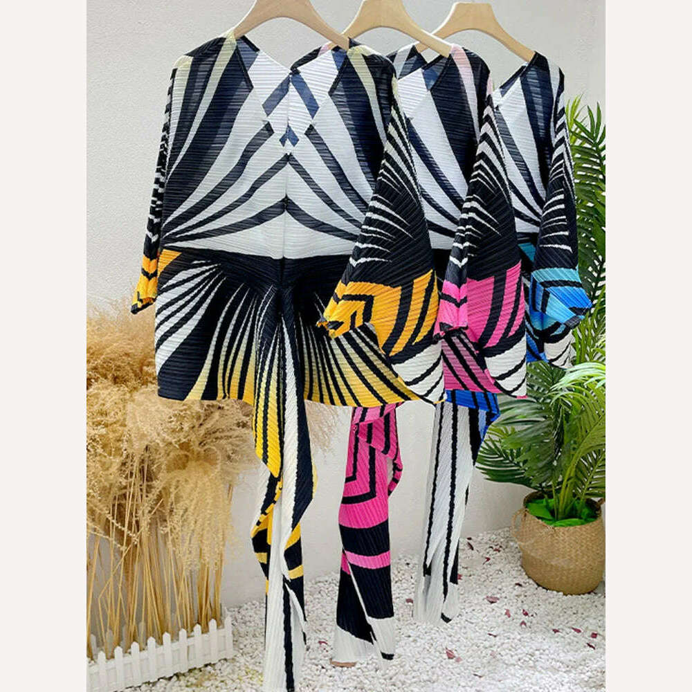 KIMLUD, LANMREM Zebra Stripes Printing Pleated Dress Women Batwing Sleeves V  Neck Long Length Female Chic Party Dresses Elegant 2R2950, KIMLUD Womens Clothes